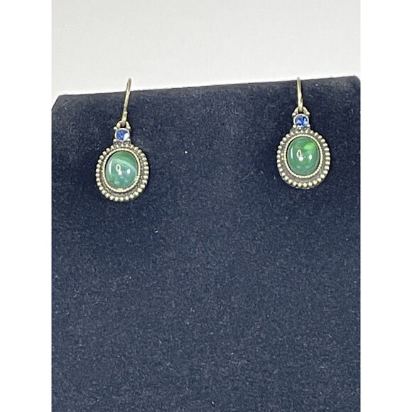 Avon NRT, Necklace & Earring Set Brass Tone, Blue Rhinestone & Green Cabochon - Picture 3 of 16